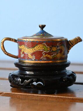 Vintage Chinese Cloisonne Miniature 1" Tall Teapot Dragon Enamel on Wood Stand